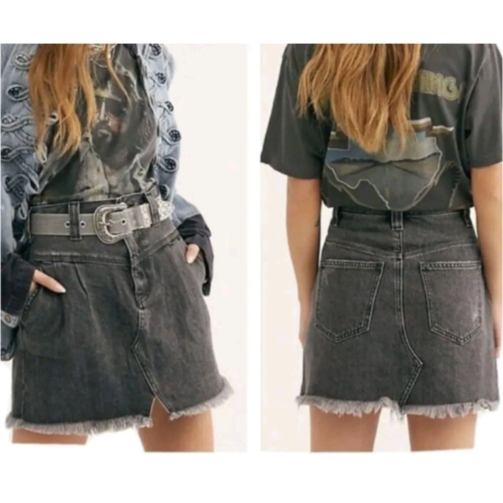 Free People We the Free Side Car Denim Mini Skirt Sanded Black sz 30